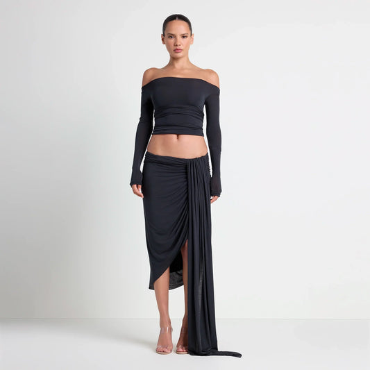 VETTESE X SKIMS SHEER MODAL DRAPED MIDI SKIRT | ONYX