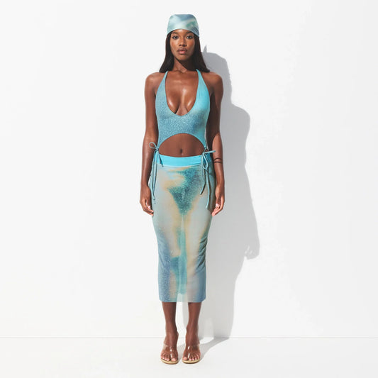 MESH COVER-UPS MIDI SKIRT | CYAN FK BODY PRINT