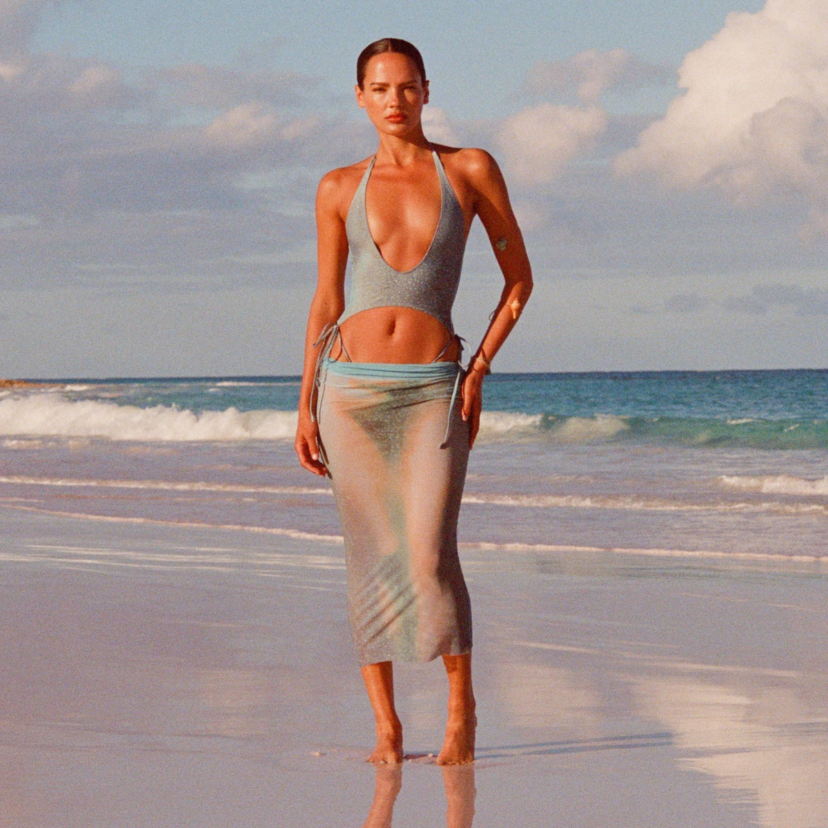 MESH COVER-UPS MIDI SKIRT | CYAN FK BODY PRINT