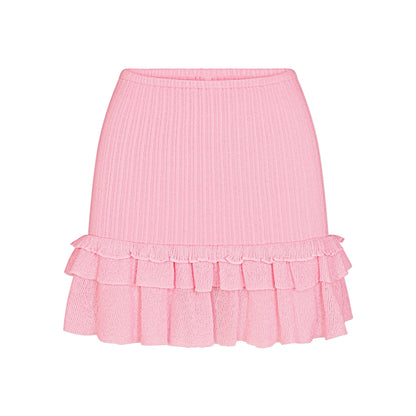 SHEER KNIT RUFFLE MINI SKIRT | PEONY