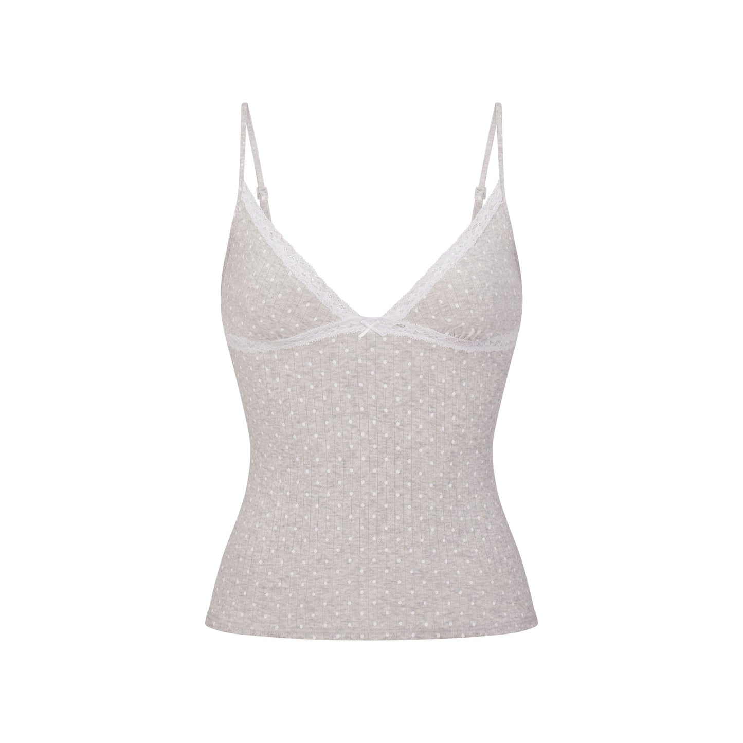 LIGHTWEIGHT COTTON POINTELLE LACE CAMI AND BOY SHORT SET | LIGHT HEATHER GREY PIN DOT