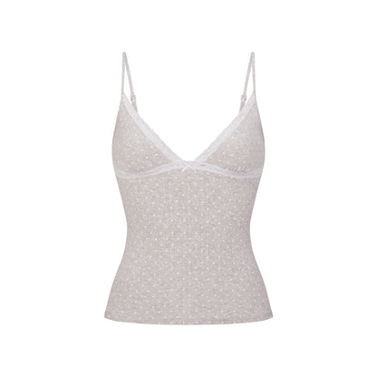 LIGHTWEIGHT COTTON POINTELLE LACE CAMI AND BOY SHORT SET | LIGHT HEATHER GREY PIN DOT