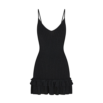 SHEER KNIT RUFFLE DRESS | ONYX