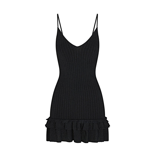SHEER KNIT RUFFLE DRESS | ONYX