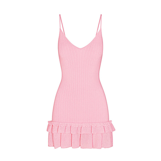 SHEER KNIT RUFFLE DRESS | PEONY