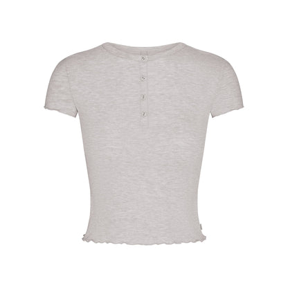 SKIMS SLEEP HENLEY AND FOLDOVER SHORT SET | LIGHT HEATHER GREY