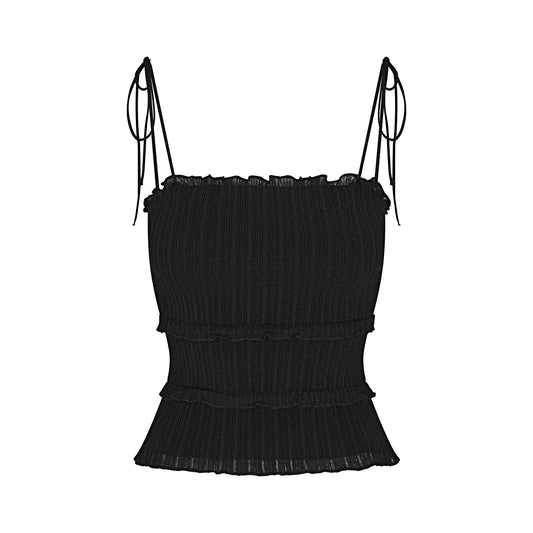 SHEER KNIT RUFFLE CAMI | ONYX