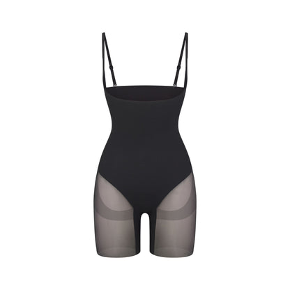POWER MESH SHAPEWEAR CORE SCULPT OPEN BUST MID THIGH BODYSUIT | ONYX