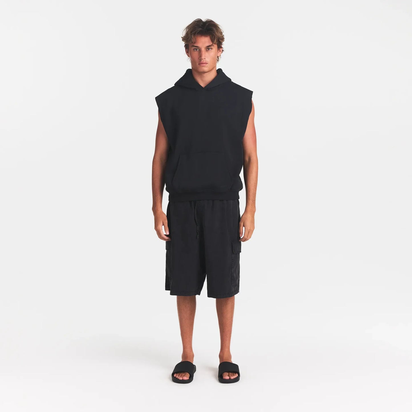 FLEECE LOUNGE MENS SLEEVELESS HOODIE | WASHED ONYX