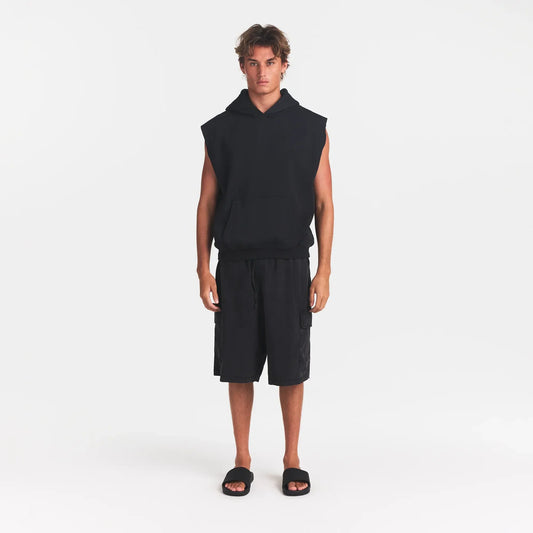 FLEECE LOUNGE MENS SLEEVELESS HOODIE | WASHED ONYX